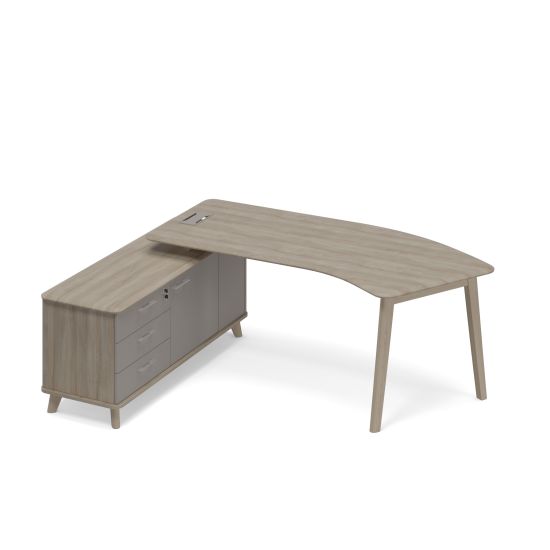 Стол руководителя эргономичный на опорной тумбе левый (тип 5) WOOD вяз либерти (корпус, столешница, топ) / мокко премиум (фасад)