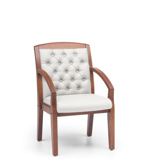 Кресло посетителя Граф с утяжкой экокожа премиум белая CN2/ дерево - тёмный орех